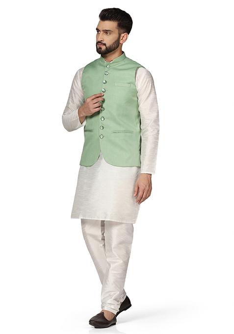 Green Solid Poly Viscose Nehru Jacket Set For Men