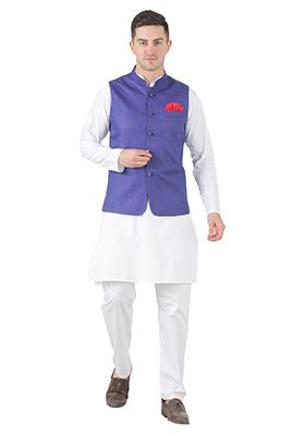 Purple Solid Poly Viscose Nehru Jacket Set For Men