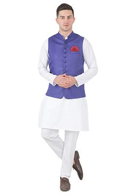 Purple Solid Poly Viscose Nehru Jacket Set For Men