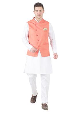 Peach Solid Poly Viscose Nehru Jacket Set For Men