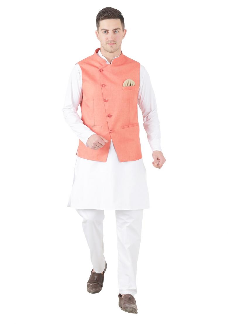 Peach Solid Poly Viscose Nehru Jacket Set For Men