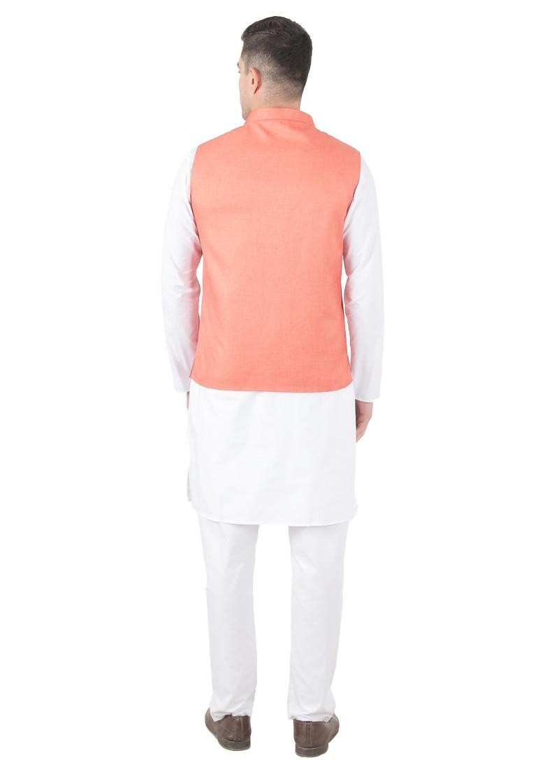 Peach Solid Poly Viscose Nehru Jacket Set For Men