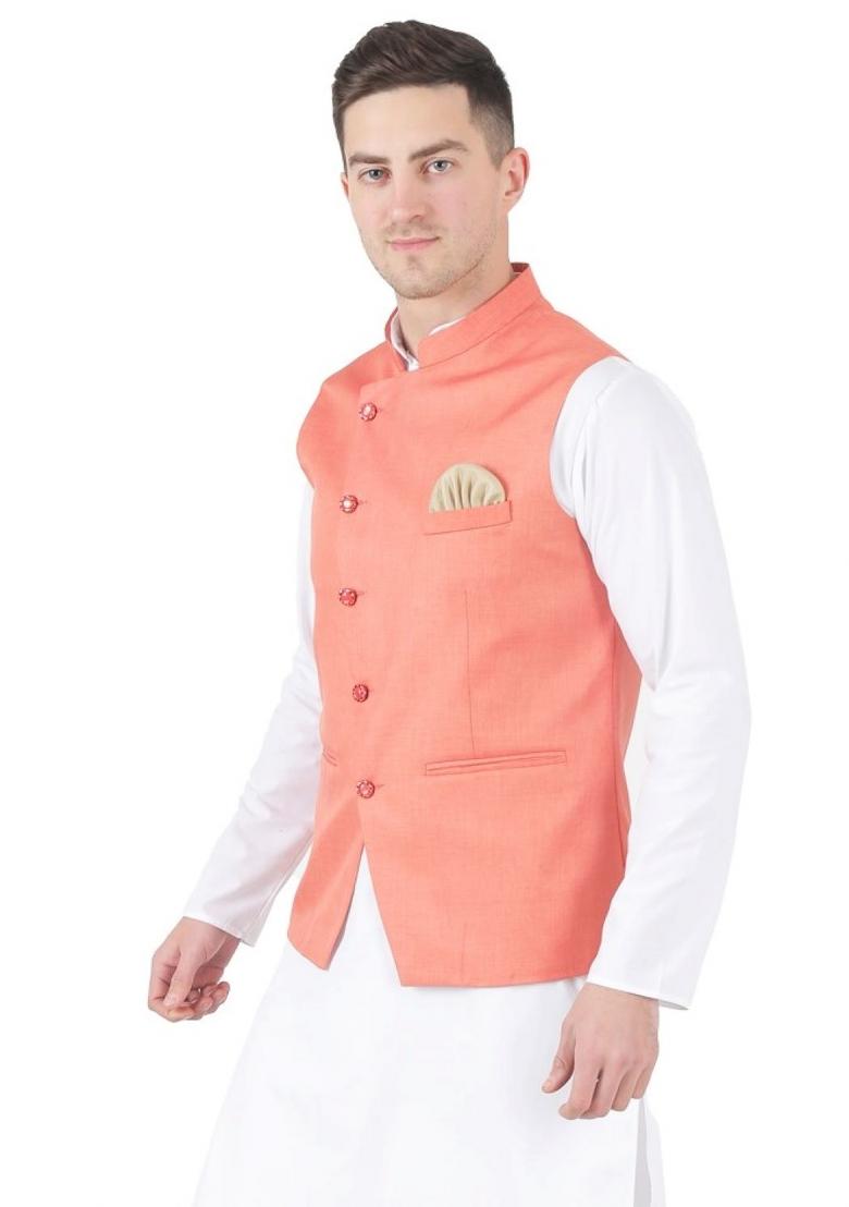 Peach Solid Poly Viscose Nehru Jacket Set For Men