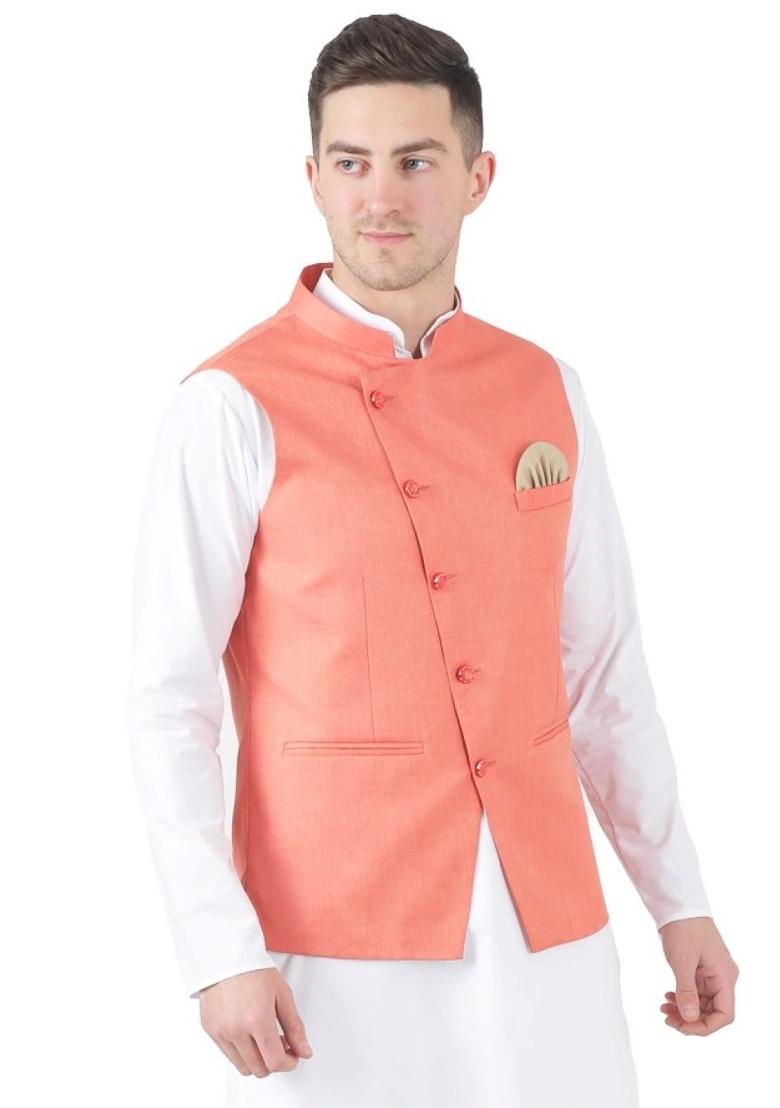 Peach Solid Poly Viscose Nehru Jacket Set For Men