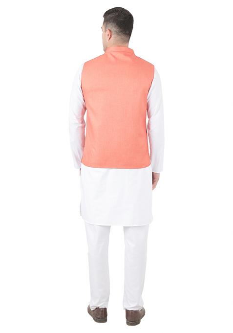Peach Solid Poly Viscose Nehru Jacket Set For Men