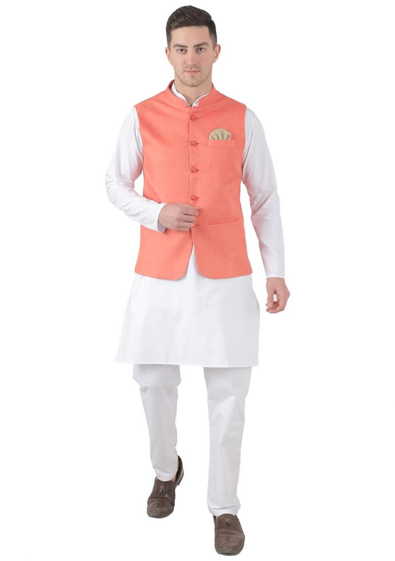 Peach Solid Poly Viscose Nehru Jacket Set For Men