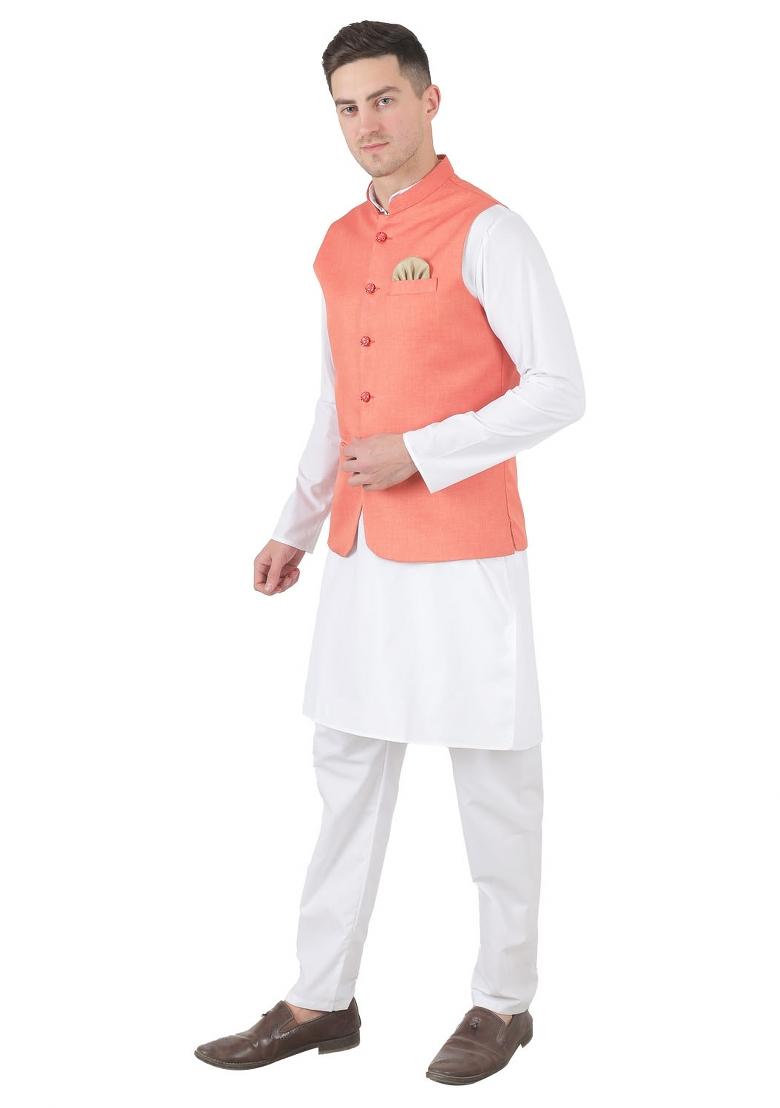 Peach Solid Poly Viscose Nehru Jacket Set For Men