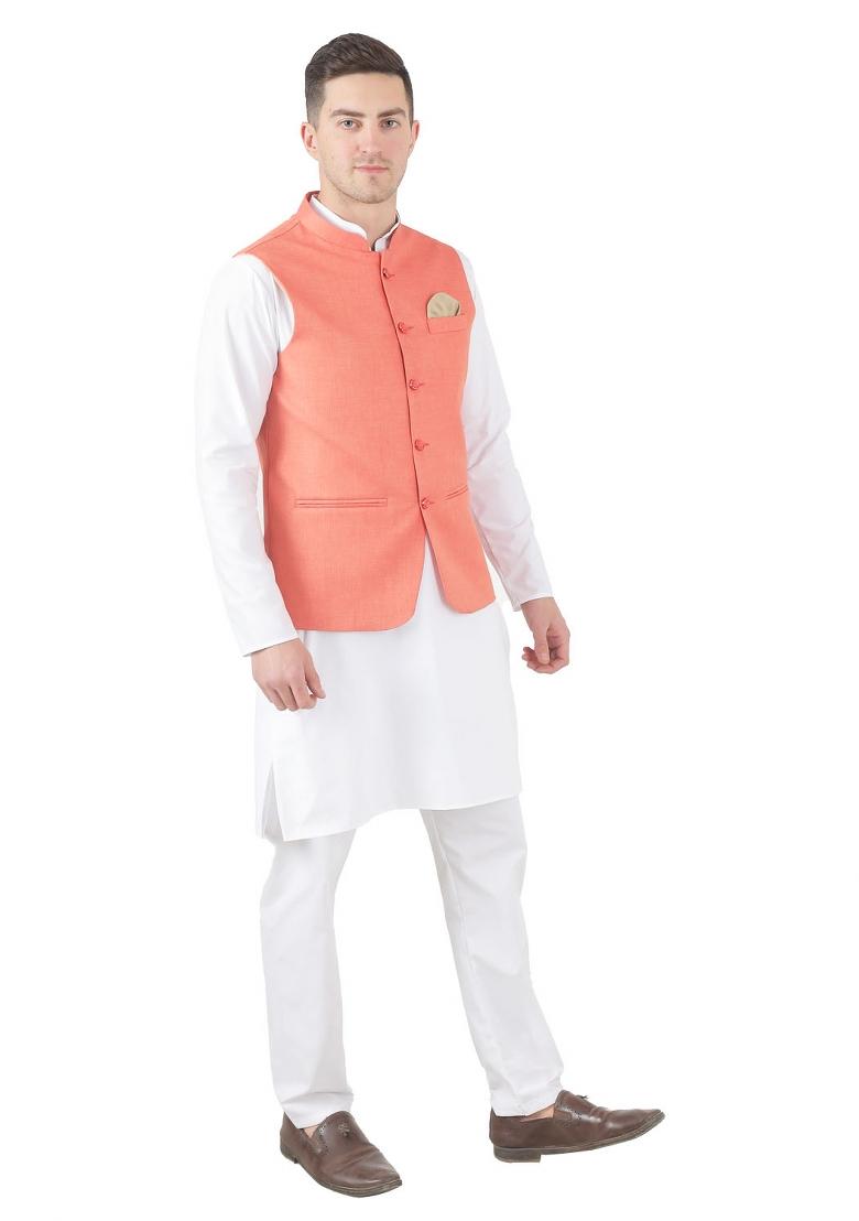 Peach Solid Poly Viscose Nehru Jacket Set For Men
