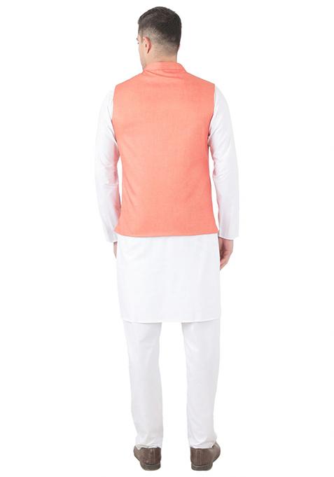 Peach Solid Poly Viscose Nehru Jacket Set For Men