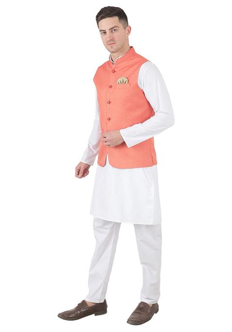 Peach Solid Poly Viscose Nehru Jacket Set For Men