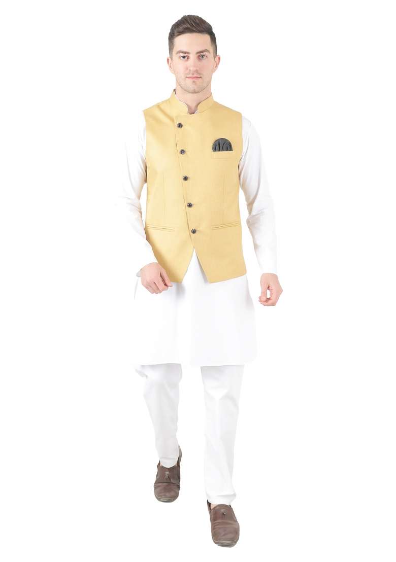 Golden Solid Poly Viscose Nehru Jacket Set For Men - Indya