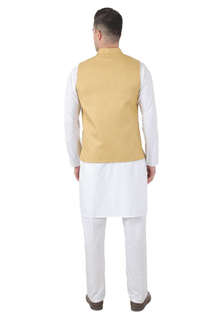 Golden Solid Poly Viscose Nehru Jacket Set For Men - Indya