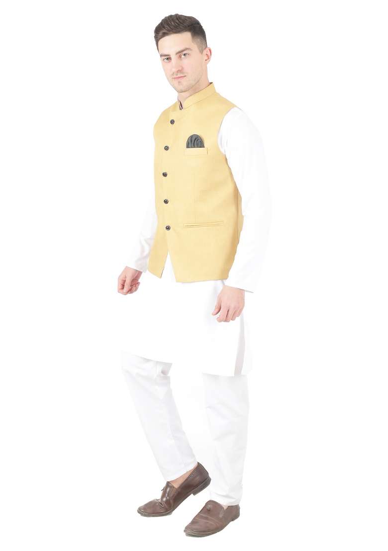 Golden Solid Poly Viscose Nehru Jacket Set For Men - Indya