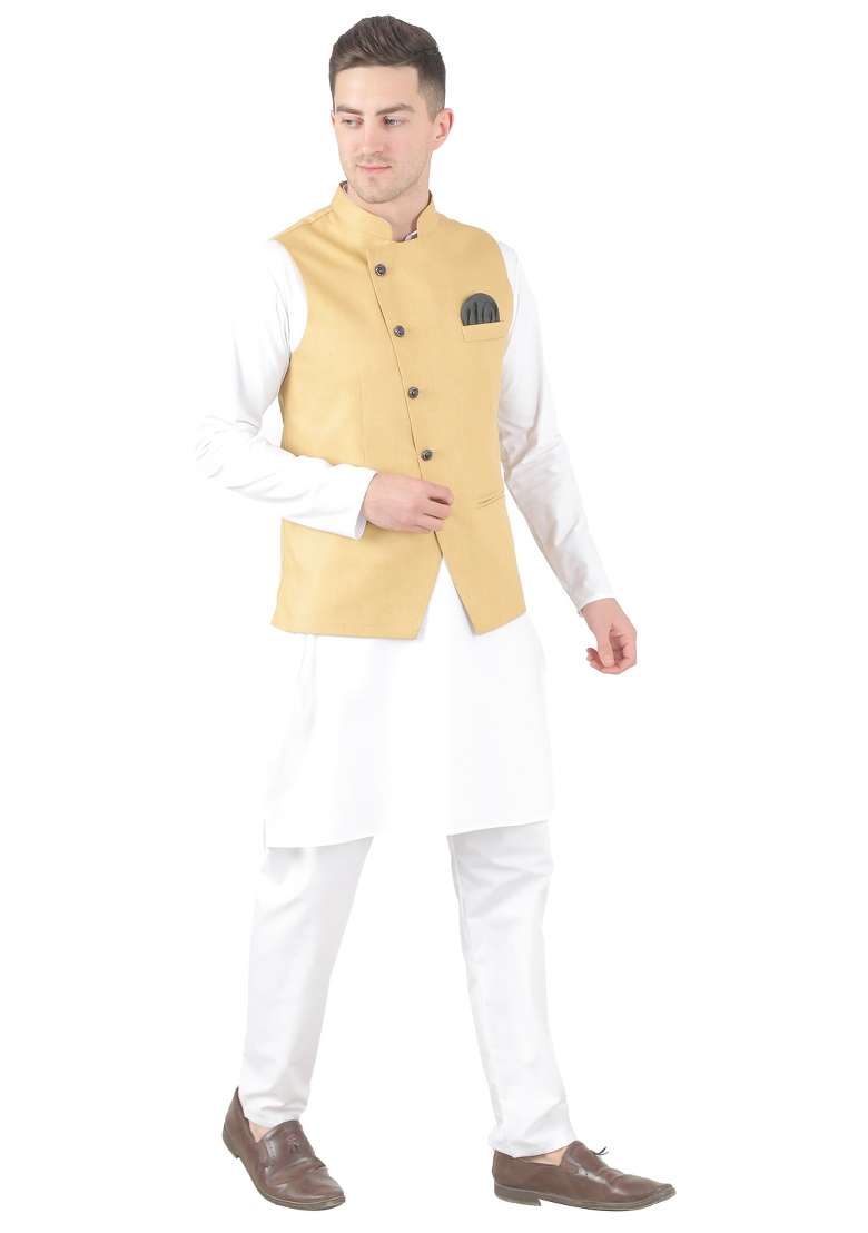 Golden Solid Poly Viscose Nehru Jacket Set For Men - Indya