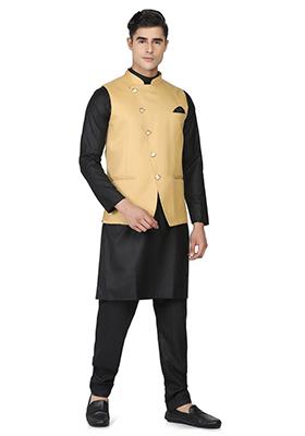 Golden Solid Poly Viscose Nehru Jacket Set For Men