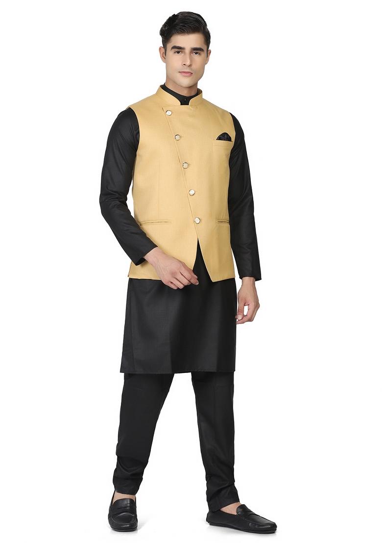 Golden Solid Poly Viscose Nehru Jacket Set For Men