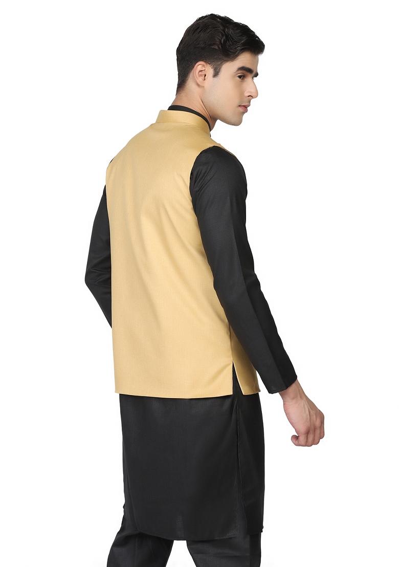 Golden Solid Poly Viscose Nehru Jacket Set For Men