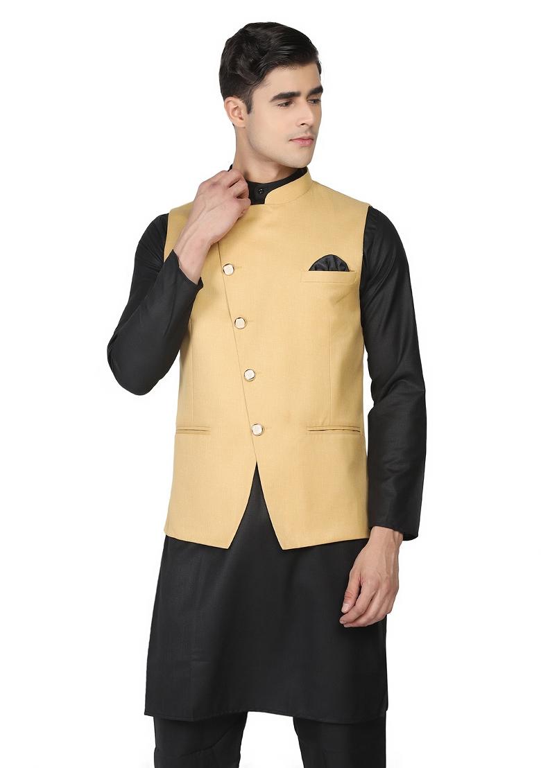 Golden Solid Poly Viscose Nehru Jacket Set For Men