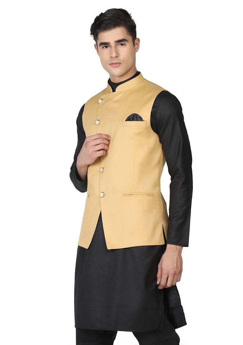 Golden Solid Poly Viscose Nehru Jacket Set For Men