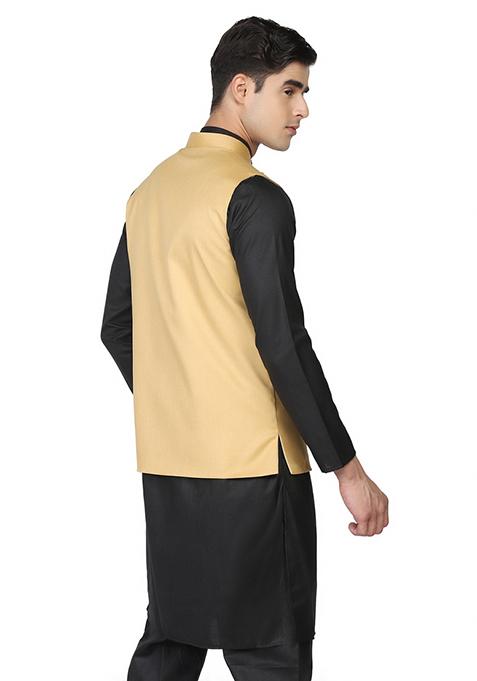 Golden Solid Poly Viscose Nehru Jacket Set For Men