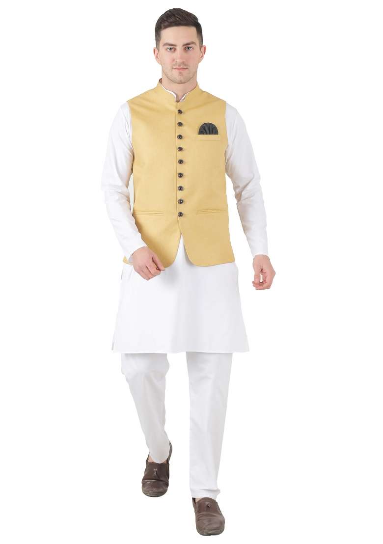 Golden Solid Poly Viscose Nehru Jacket Set For Men - Indya