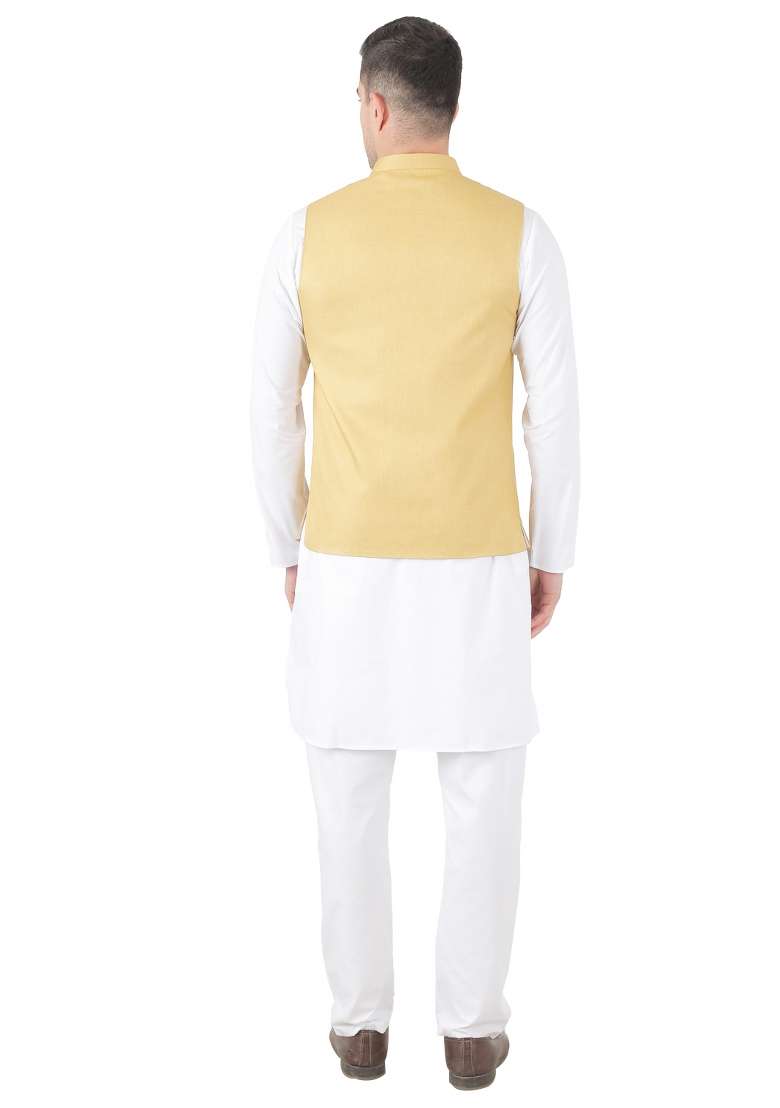 Golden Solid Poly Viscose Nehru Jacket Set For Men - Indya
