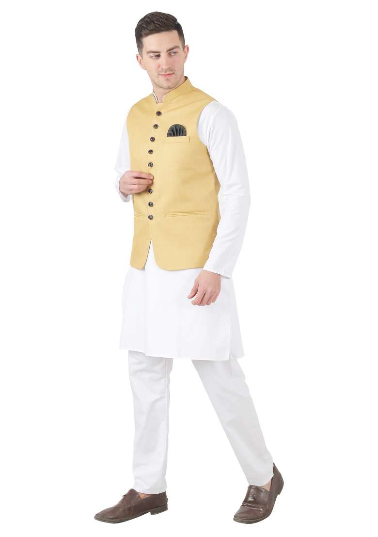 Golden Solid Poly Viscose Nehru Jacket Set For Men - Indya