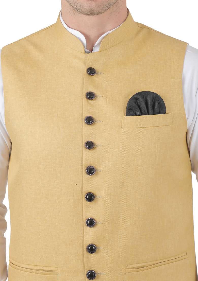 Golden Solid Poly Viscose Nehru Jacket Set For Men - Indya