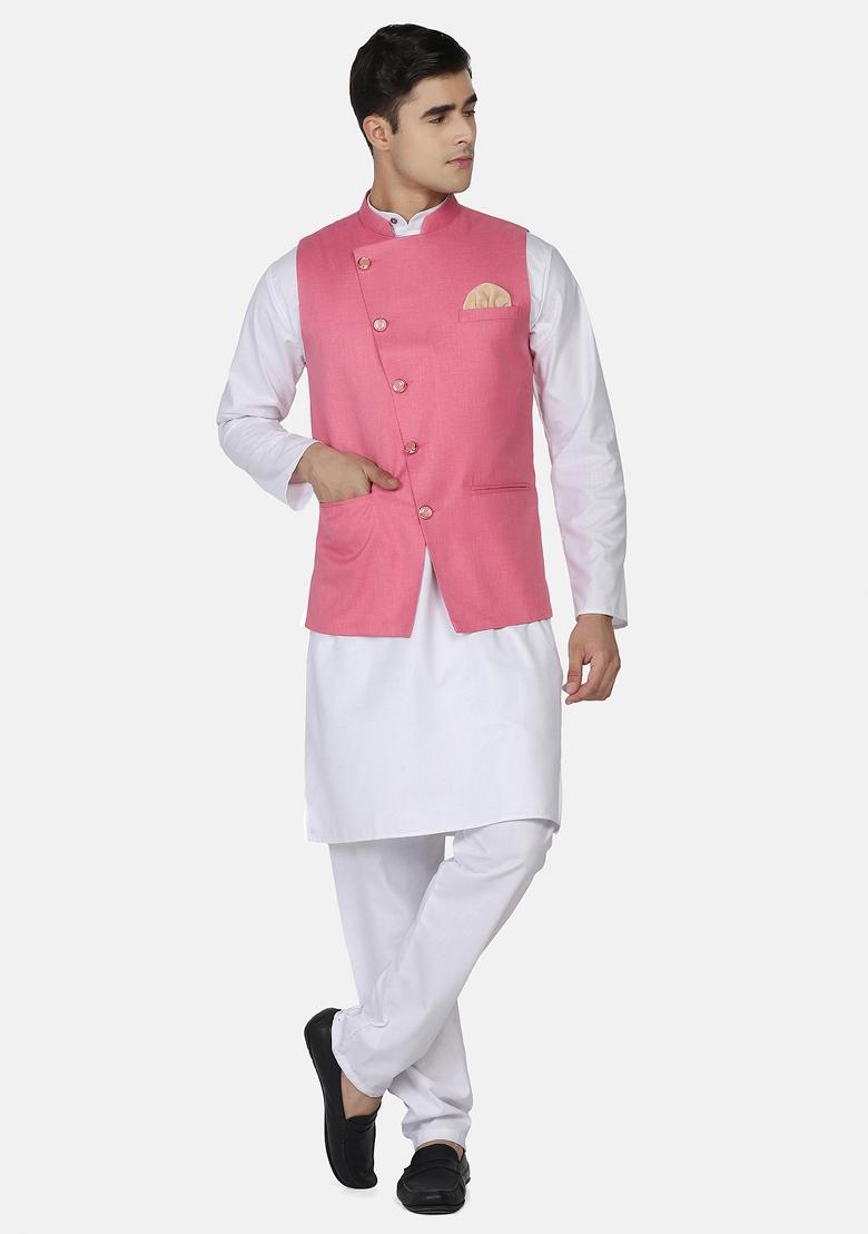 Pink Solid Poly Viscose Nehru Jacket Set For Men
