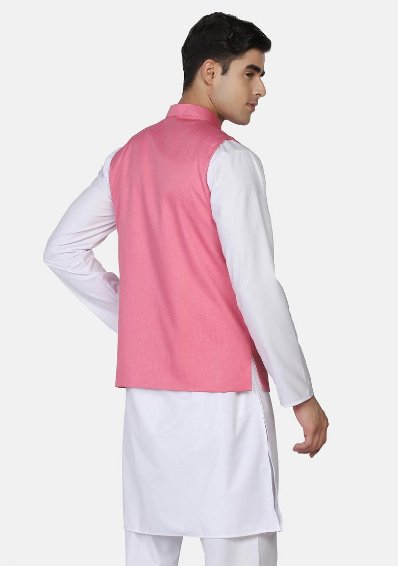 Pink Solid Poly Viscose Nehru Jacket Set For Men