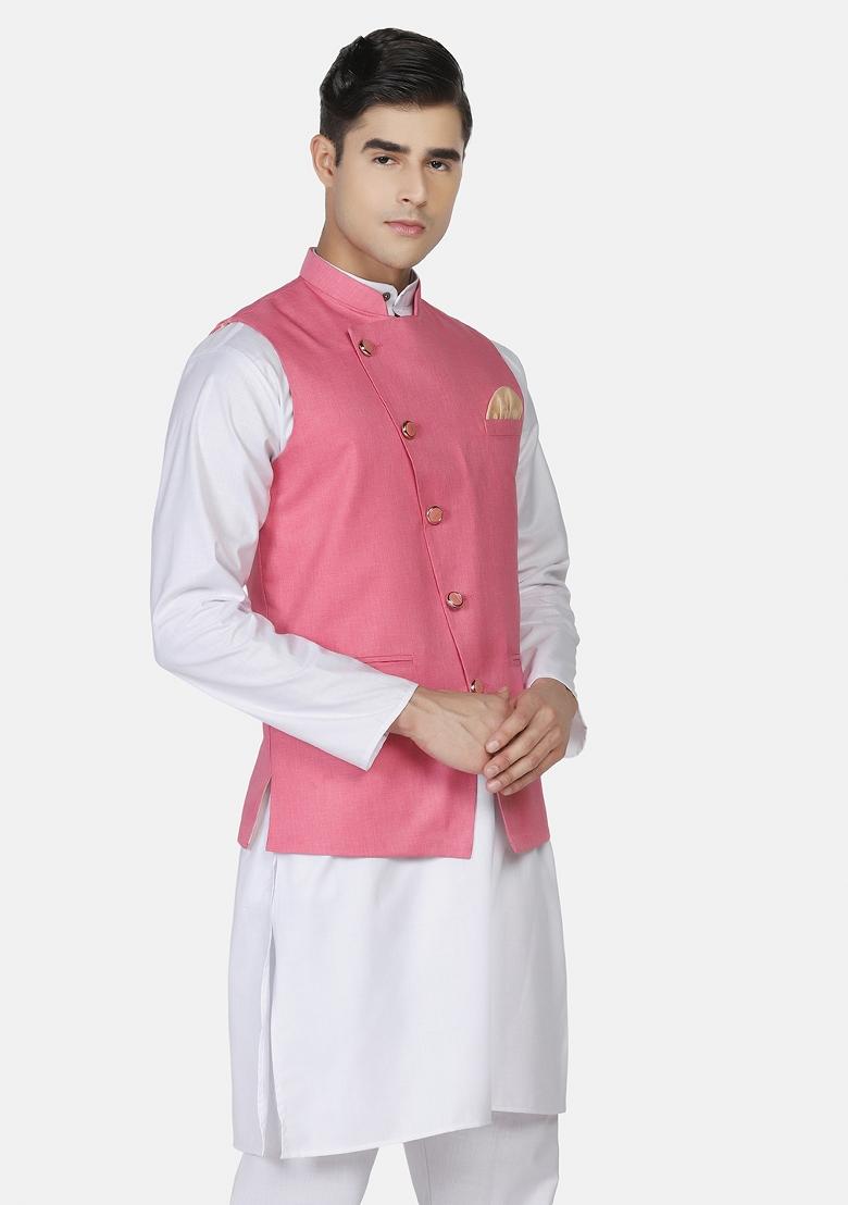 Pink Solid Poly Viscose Nehru Jacket Set For Men