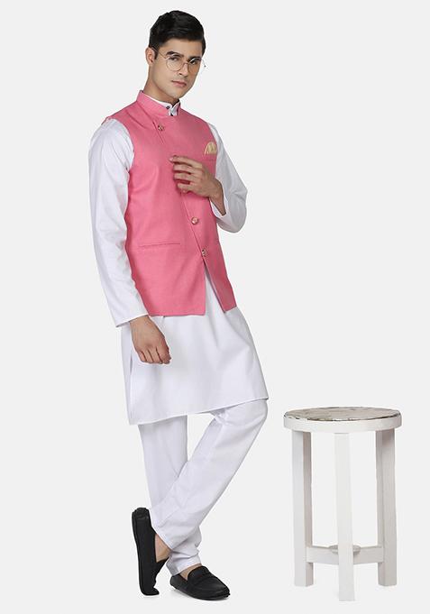 Pink Solid Poly Viscose Nehru Jacket Set For Men