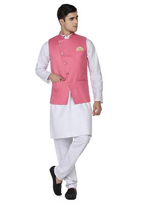 Pink Solid Poly Viscose Nehru Jacket Set For Men