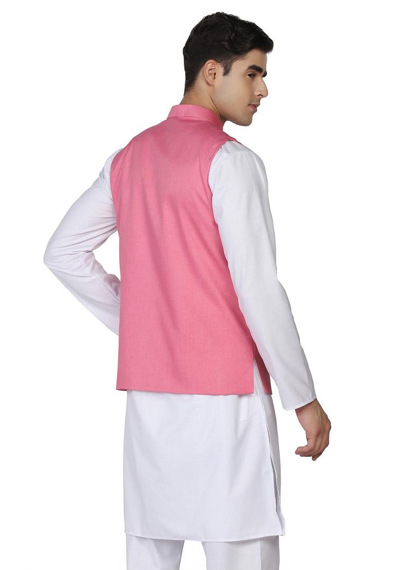 Pink Solid Poly Viscose Nehru Jacket Set For Men
