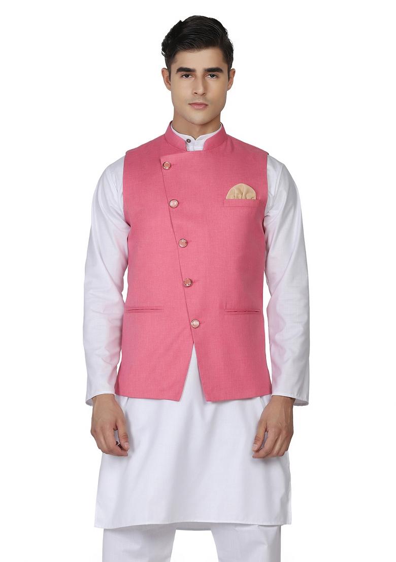 Pink Solid Poly Viscose Nehru Jacket Set For Men