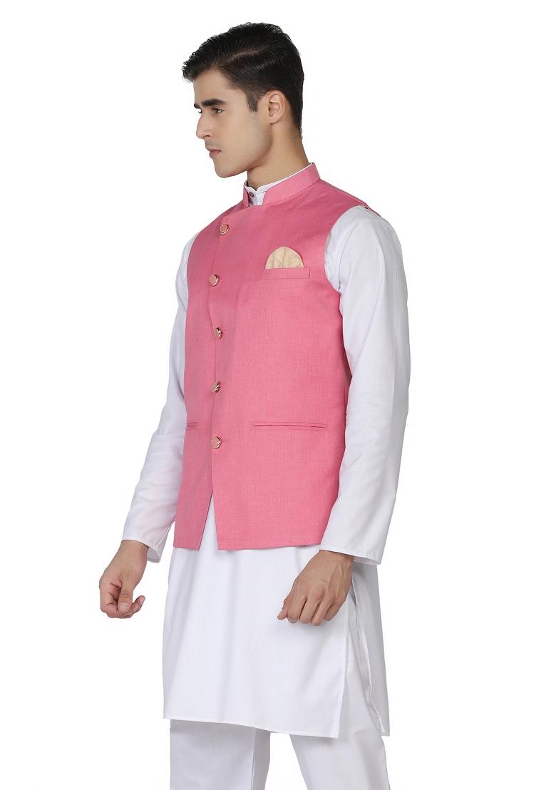Pink Solid Poly Viscose Nehru Jacket Set For Men