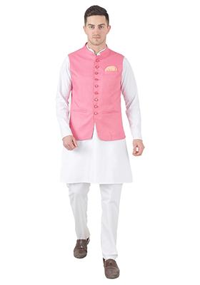 Pink Solid Poly Viscose Nehru Jacket Set For Men