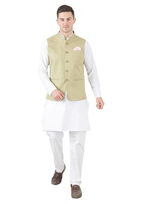 Pista Green Solid Poly Viscose Nehru Jacket Set For Men