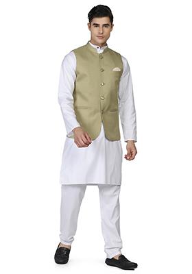 Pista Green Solid Poly Viscose Nehru Jacket Set For Men