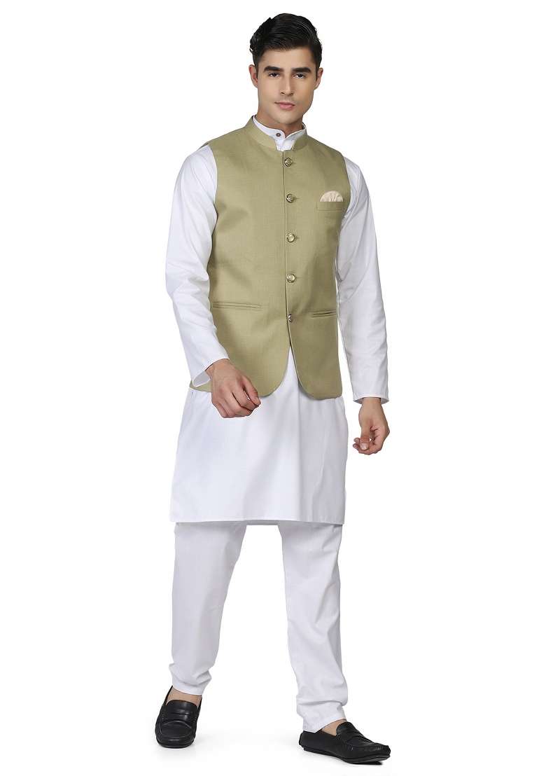 Pista Green Solid Poly Viscose Nehru Jacket Set For Men - Indya