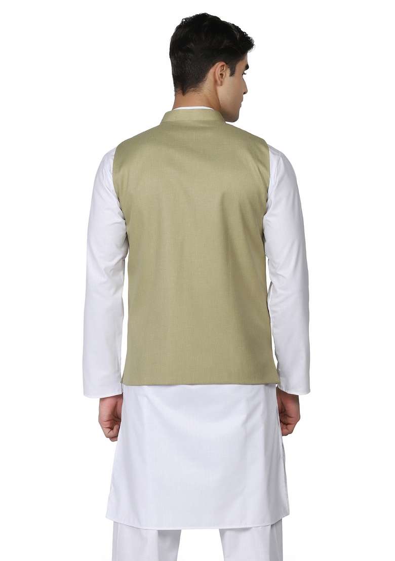Pista Green Solid Poly Viscose Nehru Jacket Set For Men - Indya