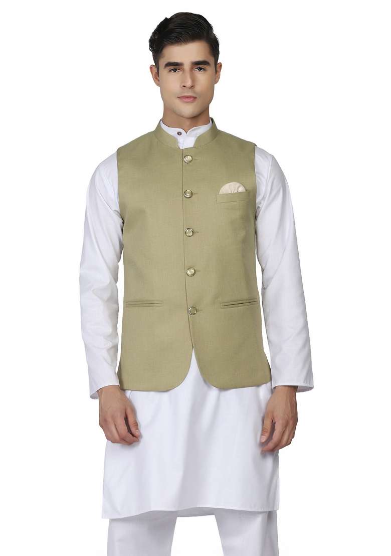 Pista Green Solid Poly Viscose Nehru Jacket Set For Men - Indya
