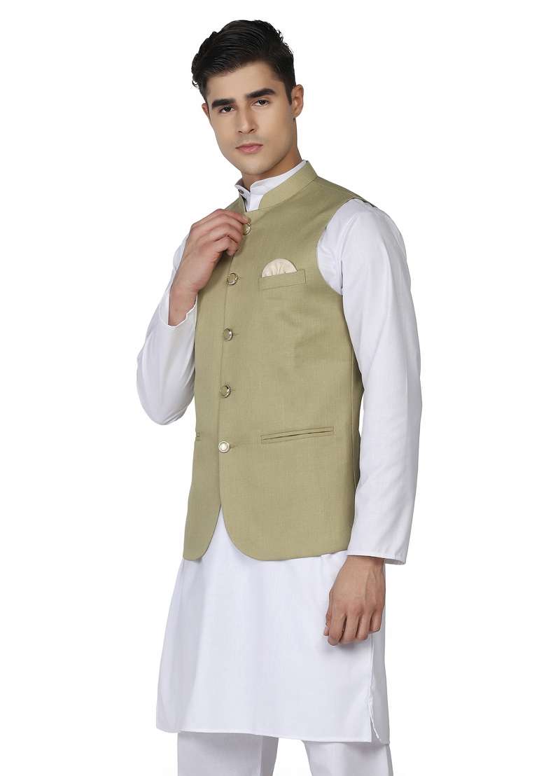 Pista Green Solid Poly Viscose Nehru Jacket Set For Men - Indya