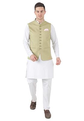 Pista Green Solid Poly Viscose Nehru Jacket Set For Men