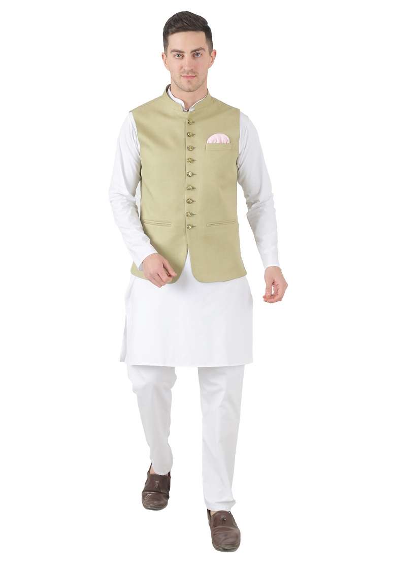 Pista Green Solid Poly Viscose Nehru Jacket Set For Men - Indya