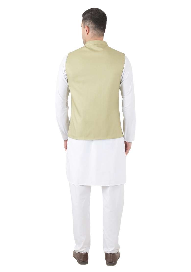 Pista Green Solid Poly Viscose Nehru Jacket Set For Men - Indya