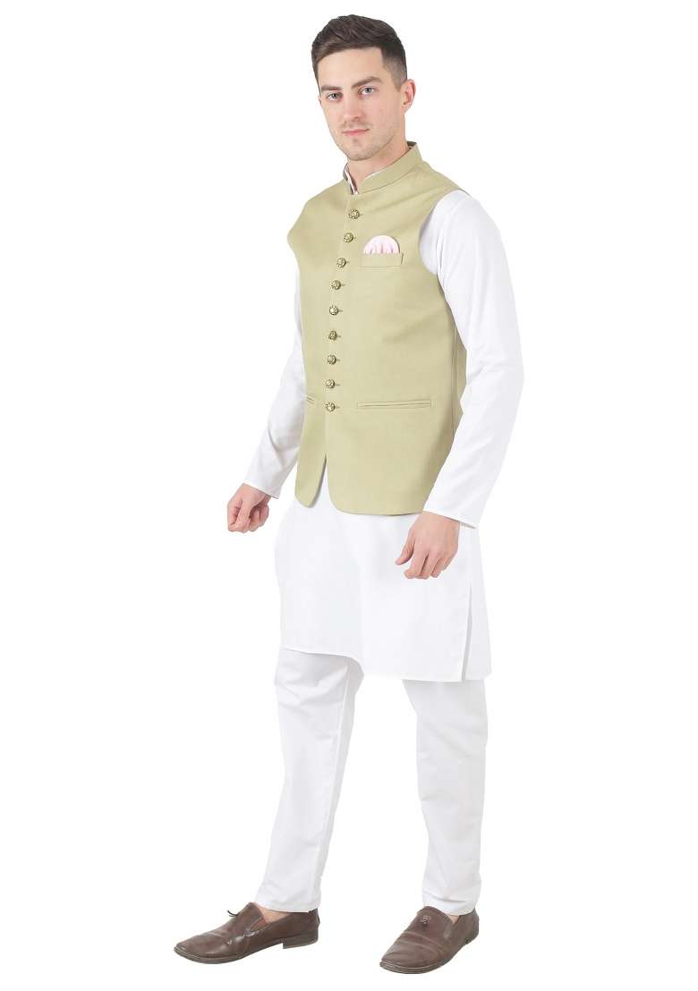 Pista Green Solid Poly Viscose Nehru Jacket Set For Men - Indya