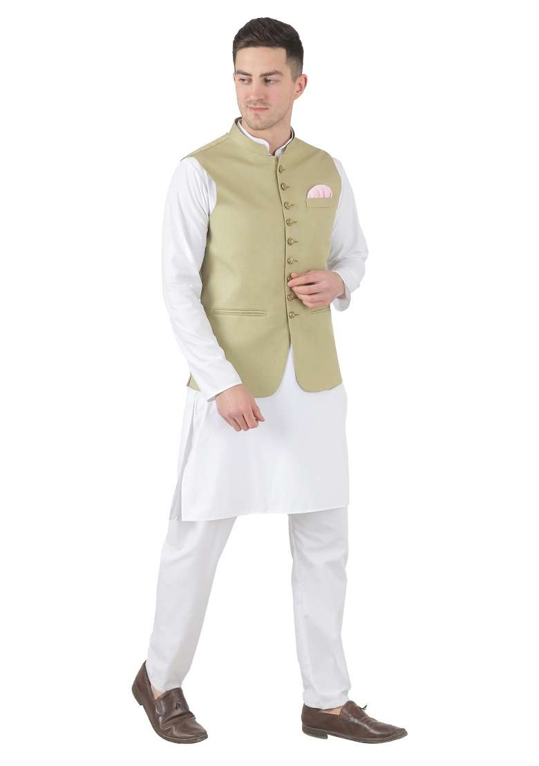 Pista Green Solid Poly Viscose Nehru Jacket Set For Men - Indya