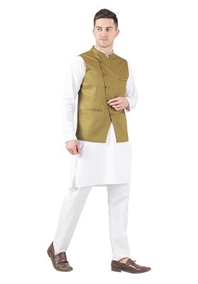 Green Solid Poly Viscose Nehru Jacket Set For Men