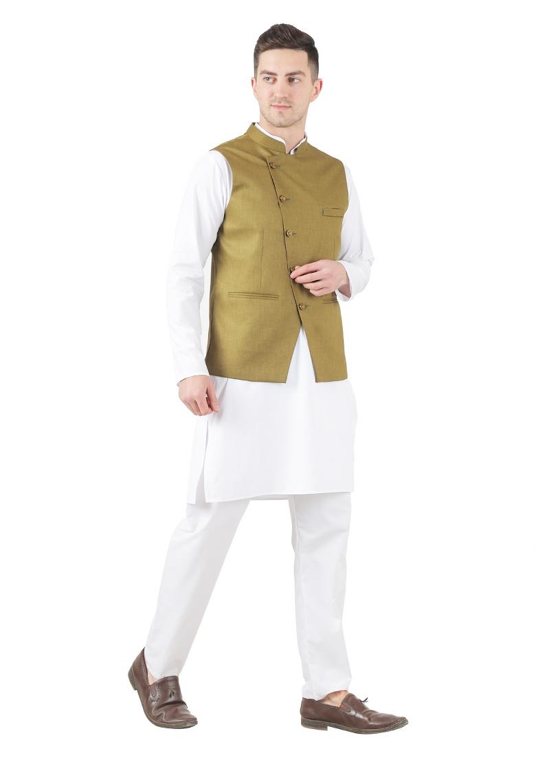 Green Solid Poly Viscose Nehru Jacket Set For Men